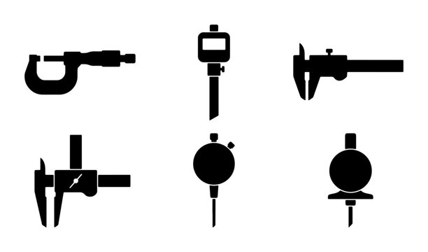 Precision Measuring Tools Icons: Micrometer, Caliper, Dial Indicator Set