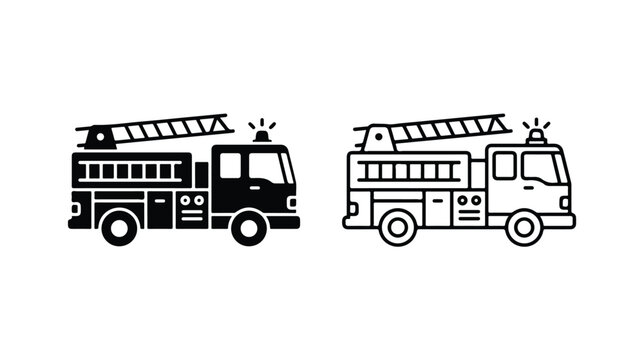 Fire truck icon set with ladder, emergency vehicle vector illustrations in black silhouette and line art styles, fire engine symbols for safety signage
