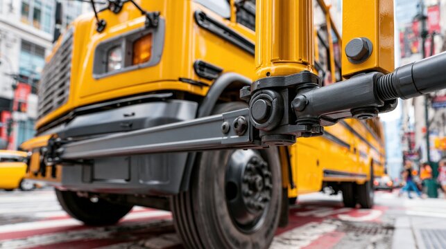 School bus metallic safety arm is deployed to ensure children cross the street with caution.