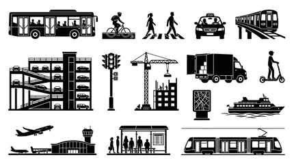 Fototapeta premium Black White Icons of Urban Transportation: Bus, Train, Taxi, Boat, Plane, Car Park, Scooter, Cycle