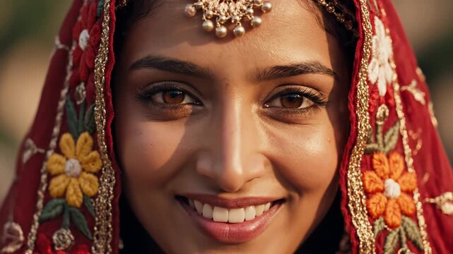 Smiling Indian Woman in Traditional Attire, suitable for cultural beauty, fashion, traditional wear, and portrait content.