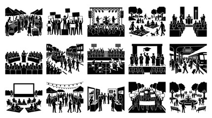 Fototapeta premium Human Activity and Social Events Black White Silhouette Glyph Icons Collection