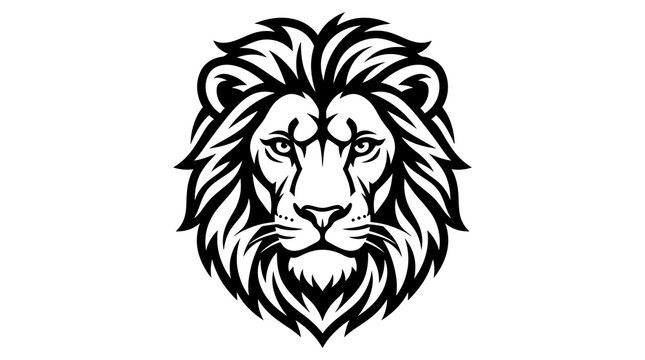 Majestic lion head portrait showcasing thick mane in bold black and white vector graphic.