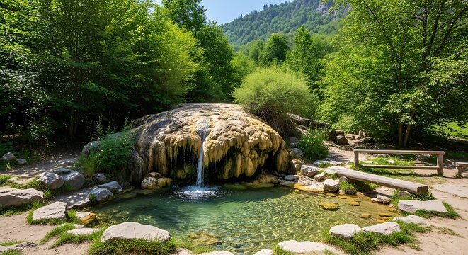Natural spring waterfall flowing over mossy rock in green forest.