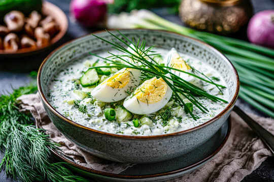 Traditional Polish Chłodnik Cucumber Soup with Egg &ndash; AI Generative