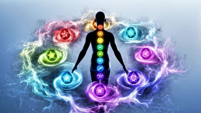 A person meditates surrounded by vibrant, glowing chakra symbols