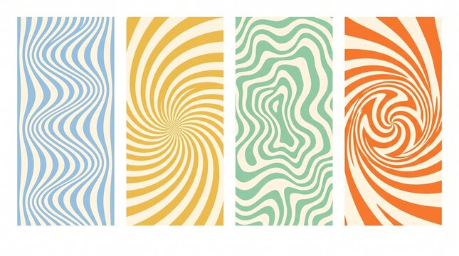 Create a premium collection of four abstract optical illusion vector backgrounds arranged side by side on a clean white canvas. Each panel should feature a unique flowing line pattern with a modern re