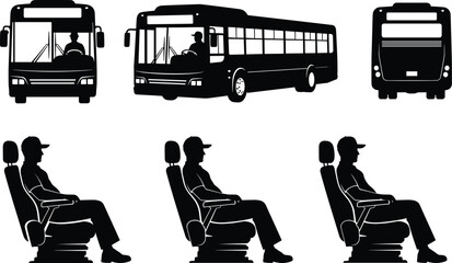 Silhouettes of buses and seated bus drivers in front, side, and rear views with posture variations © Fenshi