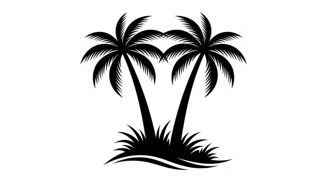 Create a clean, minimalist vector illustration of two tropical palm trees growing from a small grassy island. Design the trees as bold black silhouettes with long, slightly curved trunks leaning natur