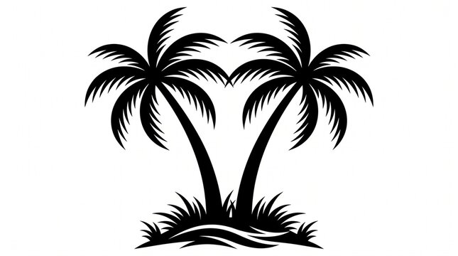 Create a clean, minimalist vector illustration of two tropical palm trees growing from a small grassy island. Design the trees as bold black silhouettes with long, slightly curved trunks leaning natur