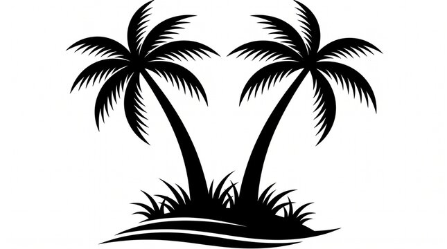 Create a clean, minimalist vector illustration of two tropical palm trees growing from a small grassy island. Design the trees as bold black silhouettes with long, slightly curved trunks leaning natur