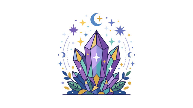 Mystical Crystal Cluster with Moon and Stars