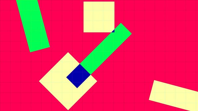 Abstract motion graphic animation of green and yellow geometric shapes moving across a red grid background.
