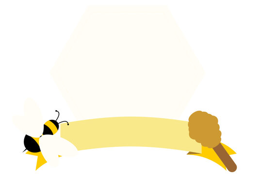 Cute honey bee frame template with blank banner and honey dipper