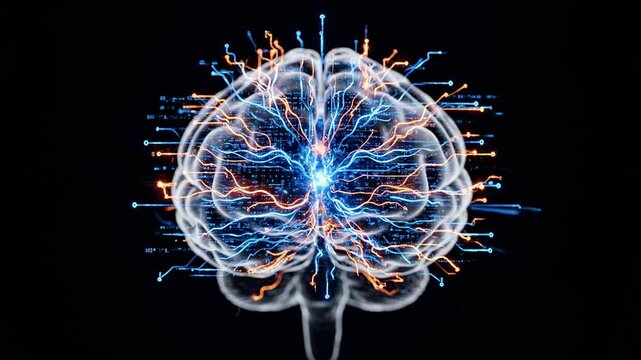 A vibrant, glowing brain illustration with blue and orange neural connections on a black background