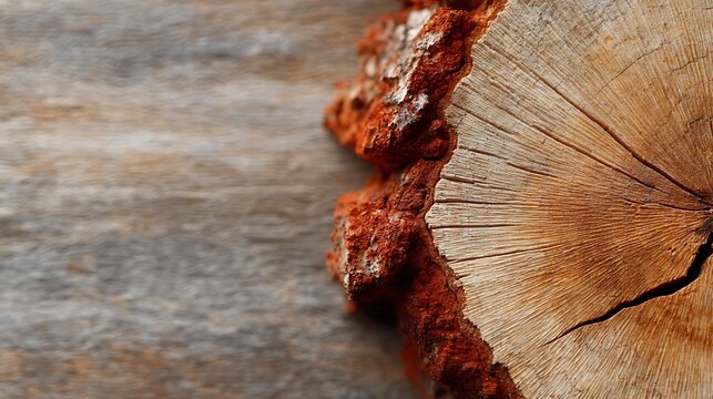 Cross-section of Wooden Log with Rough Bark and Visible Growth Rings in Natural Light