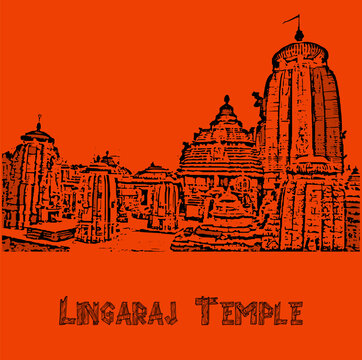 Lingaraj Temple Odisha India Vector Illustration, Ancient Hindu Architecture Landmark with Traditional Kalinga Style Temple Design, Spiritual Heritage Monument Line Art