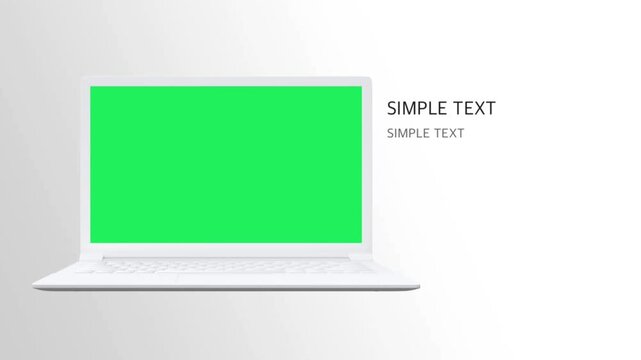 Realistic white laptop computer with blank green screen and text SIMPLE TEXT.