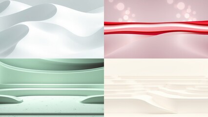 Fototapeta premium Abstract landscapes, soft colors, flowing forms. Minimalist design, smooth gradients, serene visuals. Four quadrants present varied palettes.