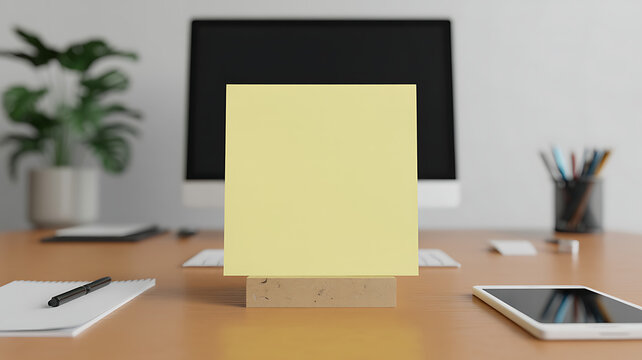 Blank yellow sticky note paper on a wooden desk with office supplies in the background for business planning and creative notes or reminders in a modern workspace