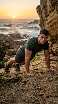 Man doing push-ups by the ocean at sunset