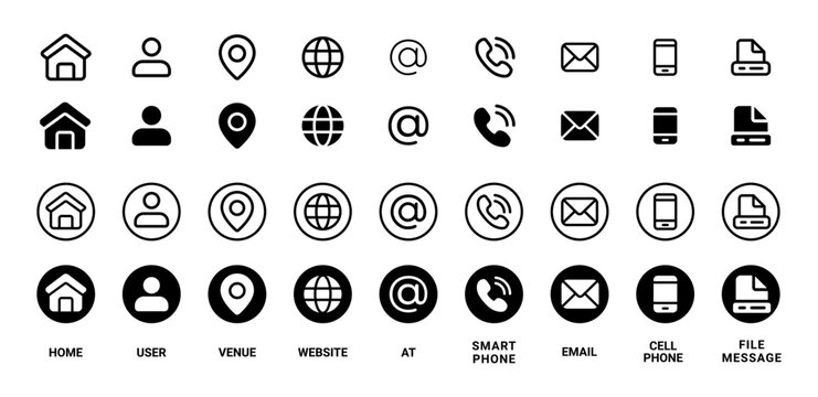Web icon set and contact information icon set for mobile and website feature home user venue website at smart phone email cell phone file message