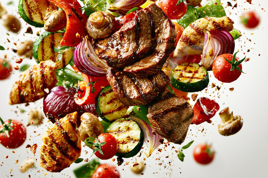 Floating Grilled Meat and Vegetables in Motion &ndash; AI Generative