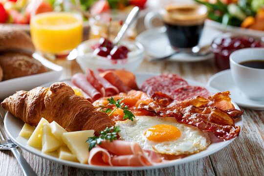Gourmet Breakfast Platter with Coffee and Juice AI Generative