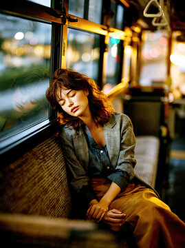 Peaceful Young Woman Resting on a Bus During Golden Hour &ndash; AI Generative &ndash; no real persons