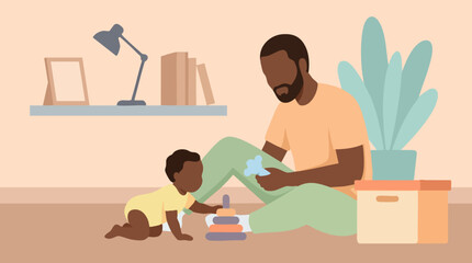 Father and baby playing with stacking toy on floor in warm family moment
