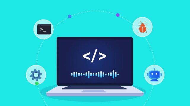 Animated flat vector motion graphic featuring a coding interface on a laptop with terminal, debugging, chatbot, and settings icons. Ideal for software development, programming, and AI technology.
