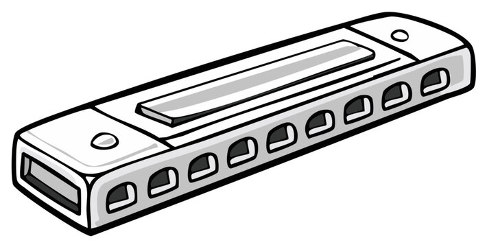 Illustration of a silver harmonica musical instrument on a white background