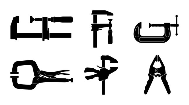 Set of 6 Black Silhouette Clamp Icons, Woodworking Tools, Metal Fasteners, Workshop Equipment