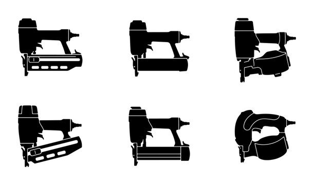 Nail Gun Icons, Stapler Tools, Construction Fastener Vector Set, Black Silhouette
