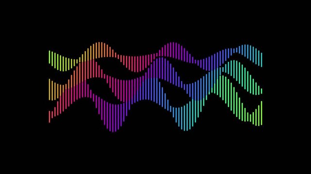 Dynamic abstract colorful sound waves animation on black background representing digital technology data visualization and modern energy flow