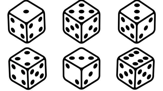 Six dice arranged in two rows, each cube displaying distinct pip counts from one to six in clean black‑and‑white outline style.