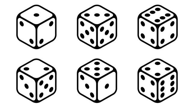 Six dice arranged in two rows, each face displaying unique pip counts from one to six, outlined in bold black lines.