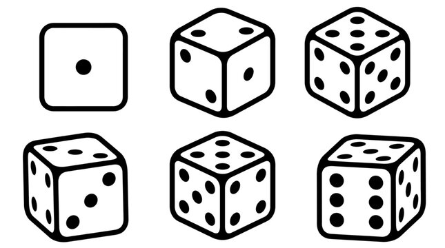 Six dice illustrations arranged in two rows, each face showing distinct pip counts from one to six, outlined in black.