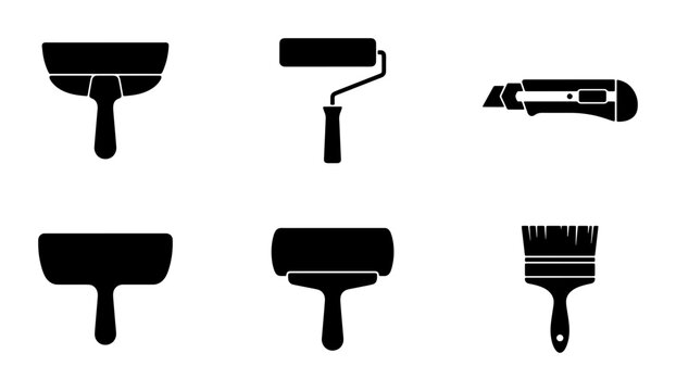 Set of 6 Black Construction and Painting Tools, Renovation Icons, Home Improvement Vector Graphics