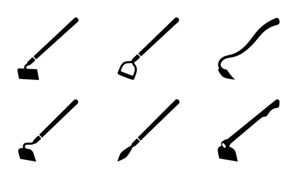 Garden Hoes, Agricultural Tools, Farming Implements, Six Black Vector Icons Set