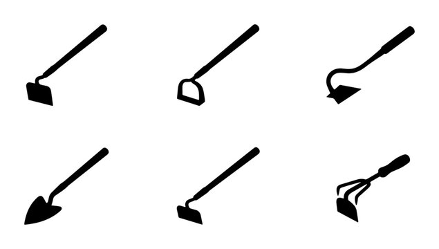 Gardening Tools Vector Icons: Hoes, Cultivators, and Shovels for Agriculture and Farming