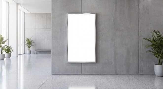 Blank vertical poster mockup frame on a minimalist concrete wall in a bright modern corporate lobby interior