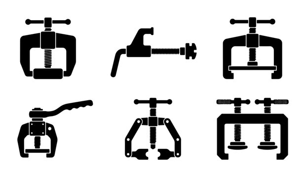 Set of 6 Black Metal Clamps, Vector Icons for Workshop and DIY Projects, Industrial Tool Graphics