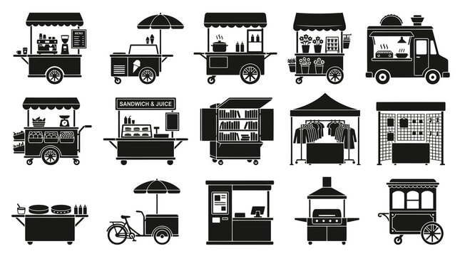 Food and Retail Street Vendor Carts, Market Stalls  Kiosks: Black Silhouette Glyph Icons Collection