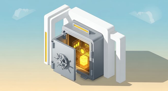 Futuristic digital vault safe opening revealing glowing financial data and secure assets high technology storage concept