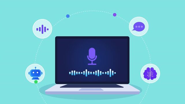 Animated flat vector motion graphic featuring an AI voice assistant on a laptop with microphone, chatbot, neural network, and audio icons. Ideal for speech recognition and artificial intelligence conc