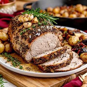 Rustic Smoked Pork Loin on Traditional Farm Table &ndash; AI Generative