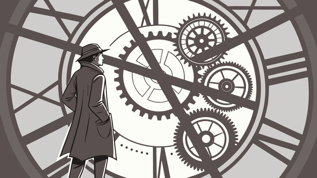 Man with Gear Wheels and Clockwork Mechanism Representing Time, Technology and Mechanical Engineering Concept Vector Illustration