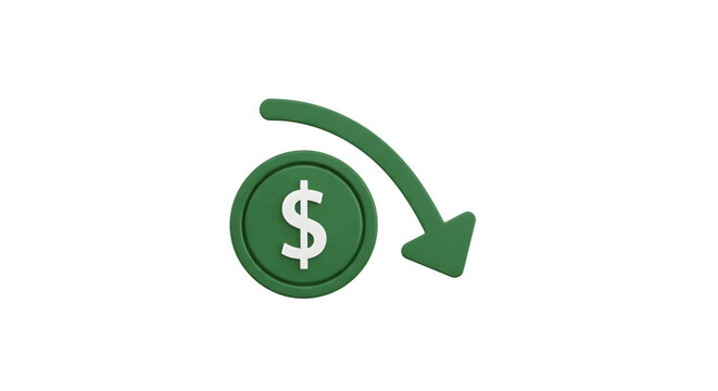 Green dollar coin with a downward-pointing arrow symbolizing financial decrease or cost reduction.