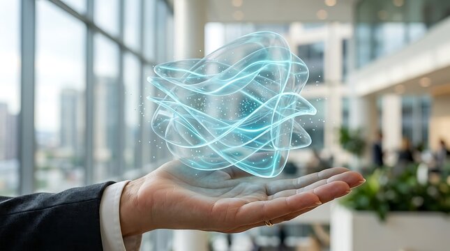 Human palm holding glowing blue swirling light energy sphere with tiny particles floating above skin in bright office space.